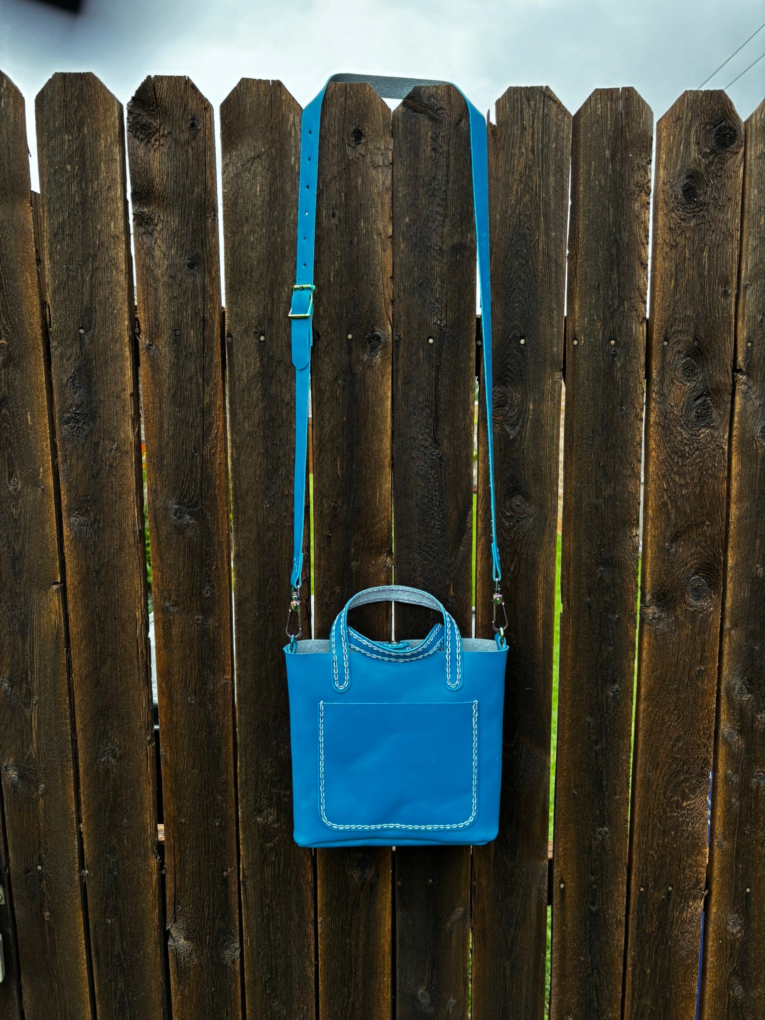 Limited Edition Handmade Blue Leather Mini Tote Aqua and Purple Decorative Contrast Stitching with Adjustable and Detachable Crossbody Strap