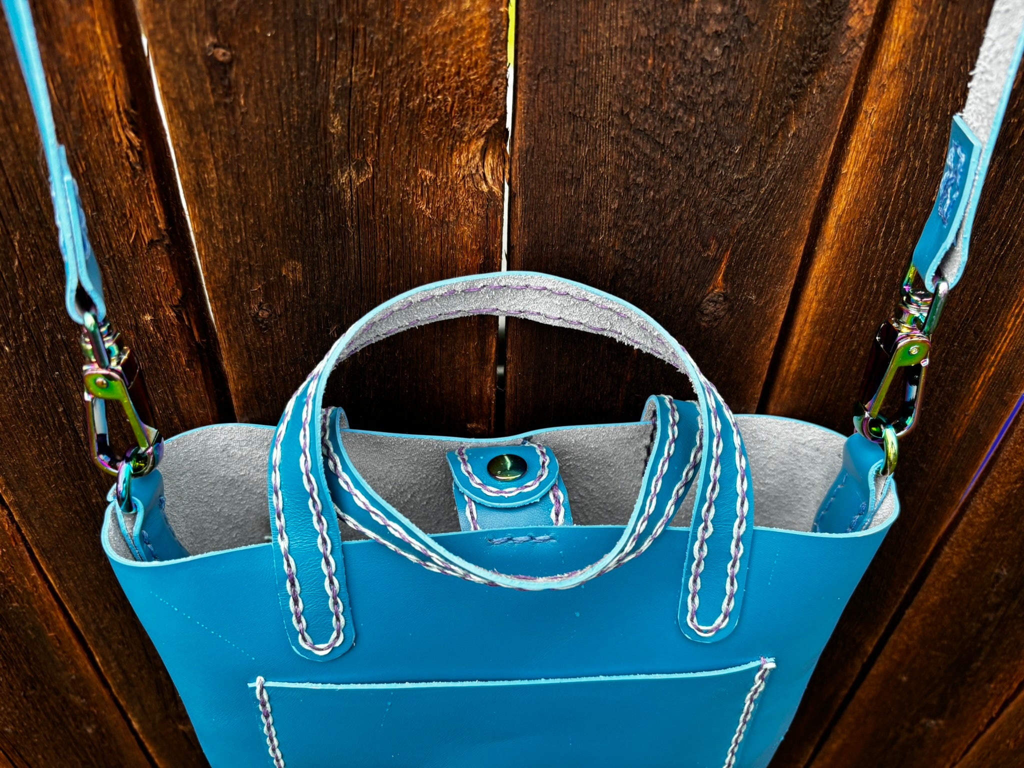 Limited Edition Handmade Blue Leather Mini Tote Aqua and Purple Decorative Contrast Stitching with Adjustable and Detachable Crossbody Strap