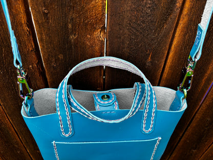 Limited Edition Handmade Blue Leather Mini Tote Aqua and Purple Decorative Contrast Stitching with Adjustable and Detachable Crossbody Strap