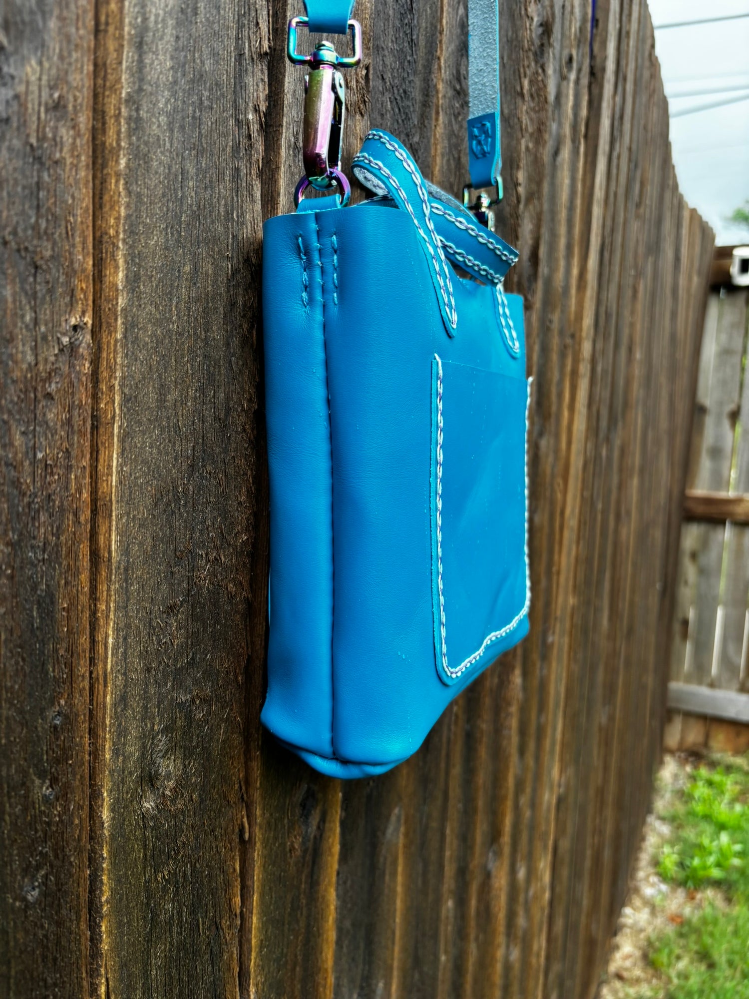 Limited Edition Handmade Blue Leather Mini Tote Aqua and Purple Decorative Contrast Stitching with Adjustable and Detachable Crossbody Strap