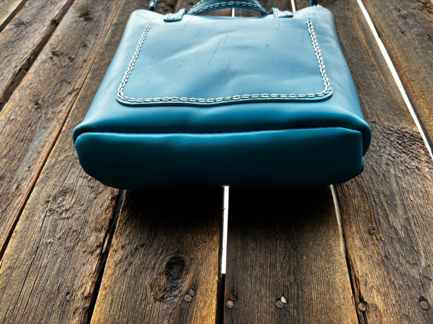 Limited Edition Handmade Blue Leather Mini Tote Aqua and Purple Decorative Contrast Stitching with Adjustable and Detachable Crossbody Strap