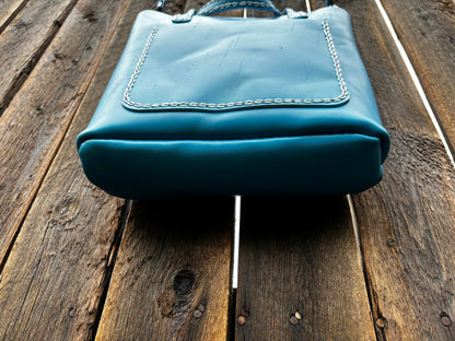 Limited Edition Handmade Blue Leather Mini Tote Aqua and Purple Decorative Contrast Stitching with Adjustable and Detachable Crossbody Strap