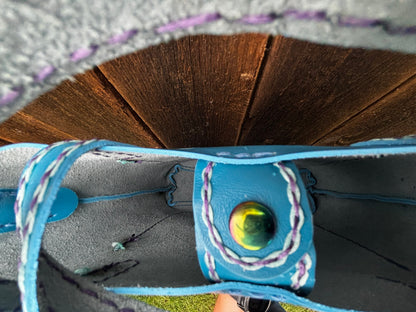 Limited Edition Handmade Blue Leather Mini Tote Aqua and Purple Decorative Contrast Stitching with Adjustable and Detachable Crossbody Strap