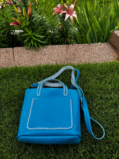Limited Edition Handmade Blue Leather Mini Tote Aqua and Purple Decorative Contrast Stitching with Adjustable and Detachable Crossbody Strap
