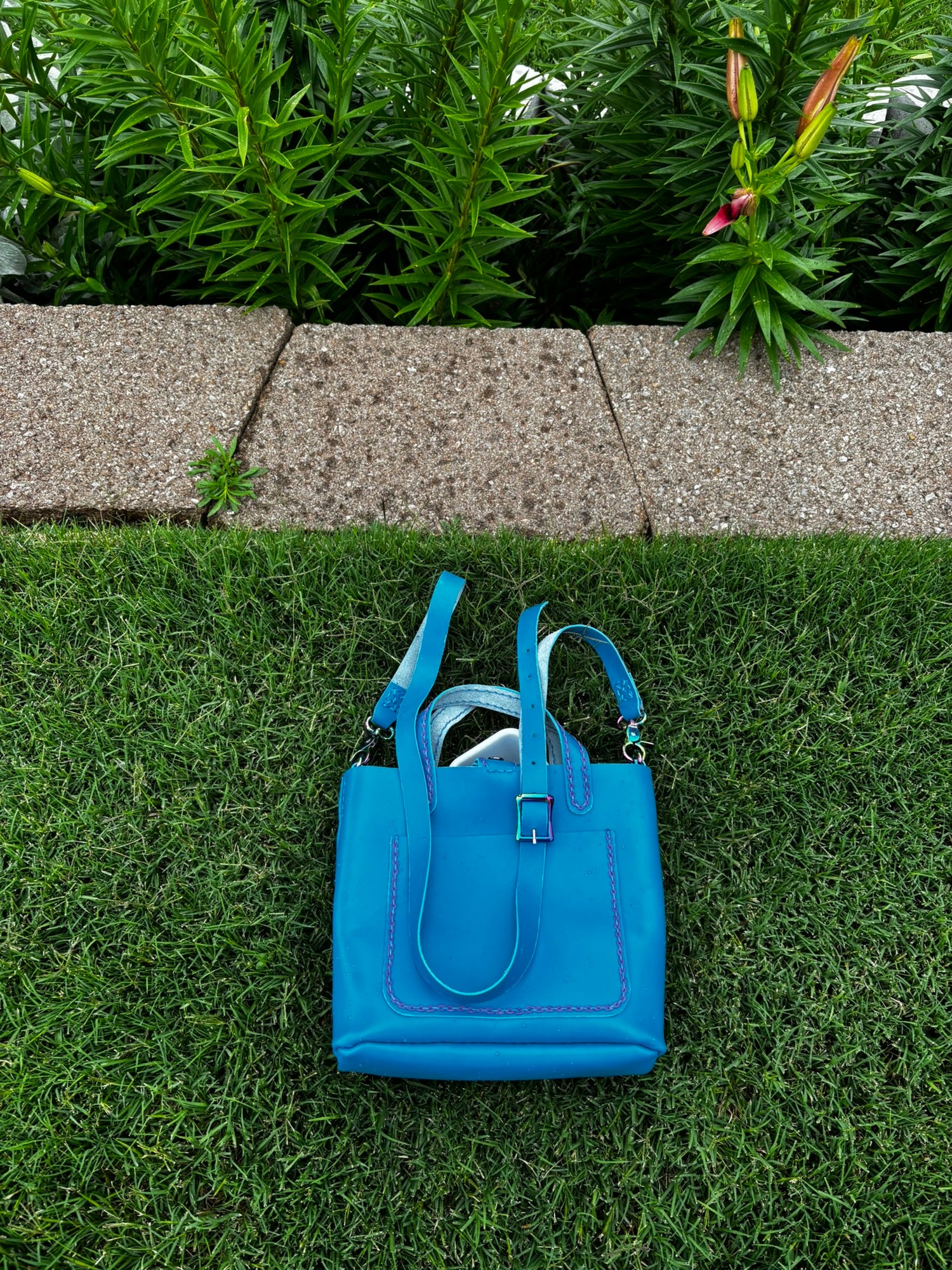 Limited Edition Handmade Blue Leather Mini Tote Aqua and Purple Decorative Contrast Stitching with Adjustable and Detachable Crossbody Strap