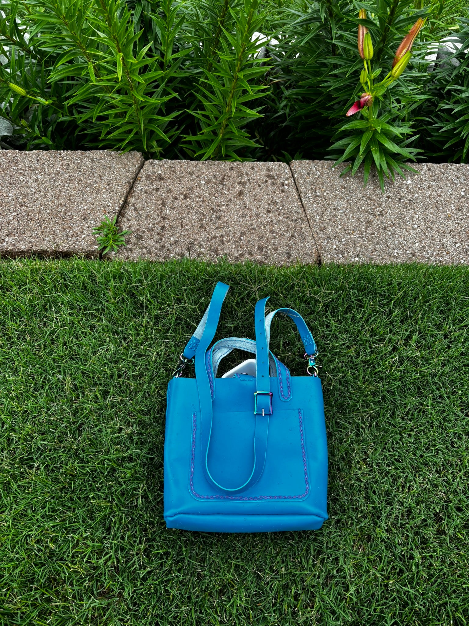 Limited Edition Handmade Blue Leather Mini Tote Aqua and Purple Decorative Contrast Stitching with Adjustable and Detachable Crossbody Strap