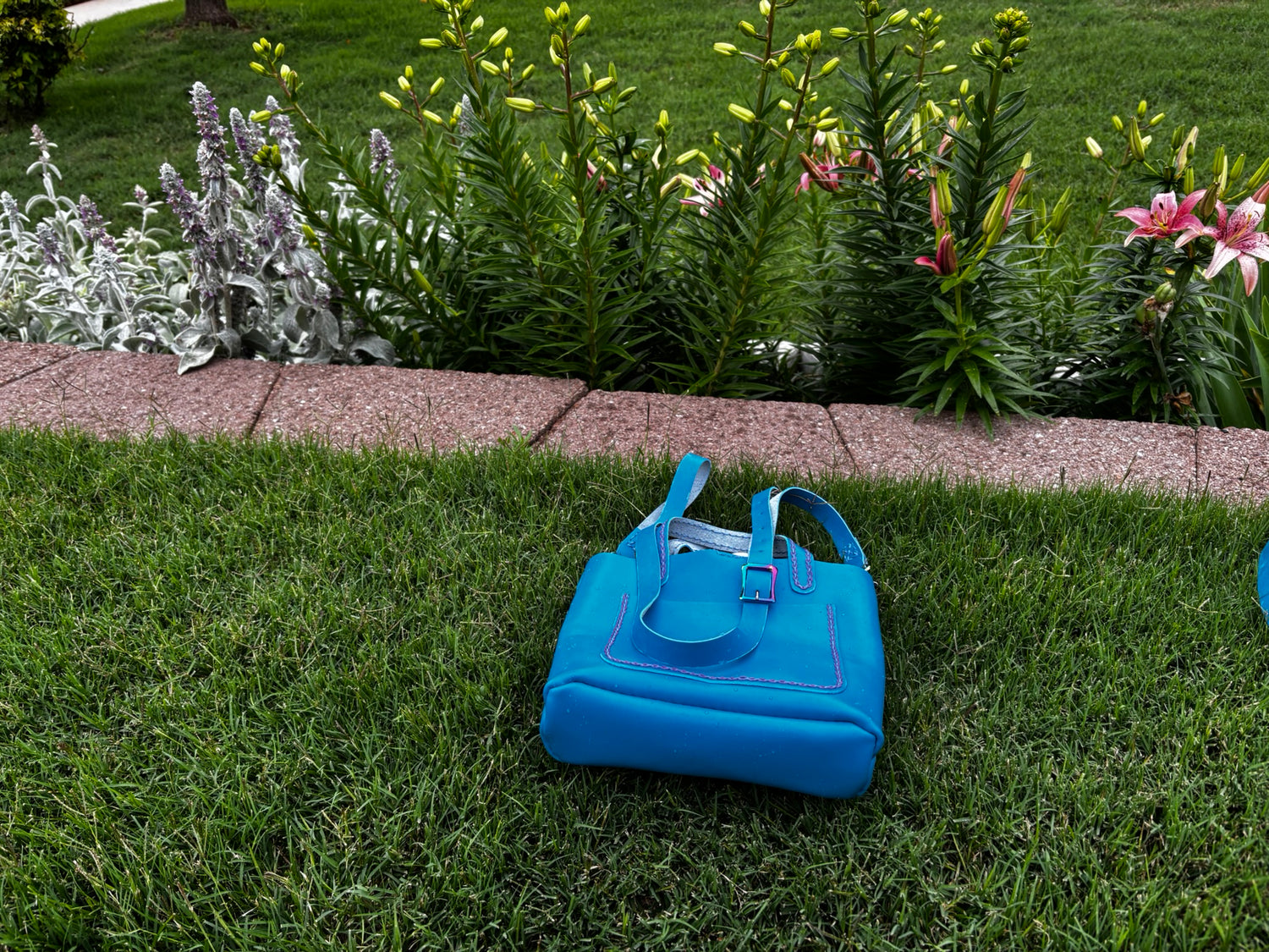 Limited Edition Handmade Blue Leather Mini Tote Aqua and Purple Decorative Contrast Stitching with Adjustable and Detachable Crossbody Strap