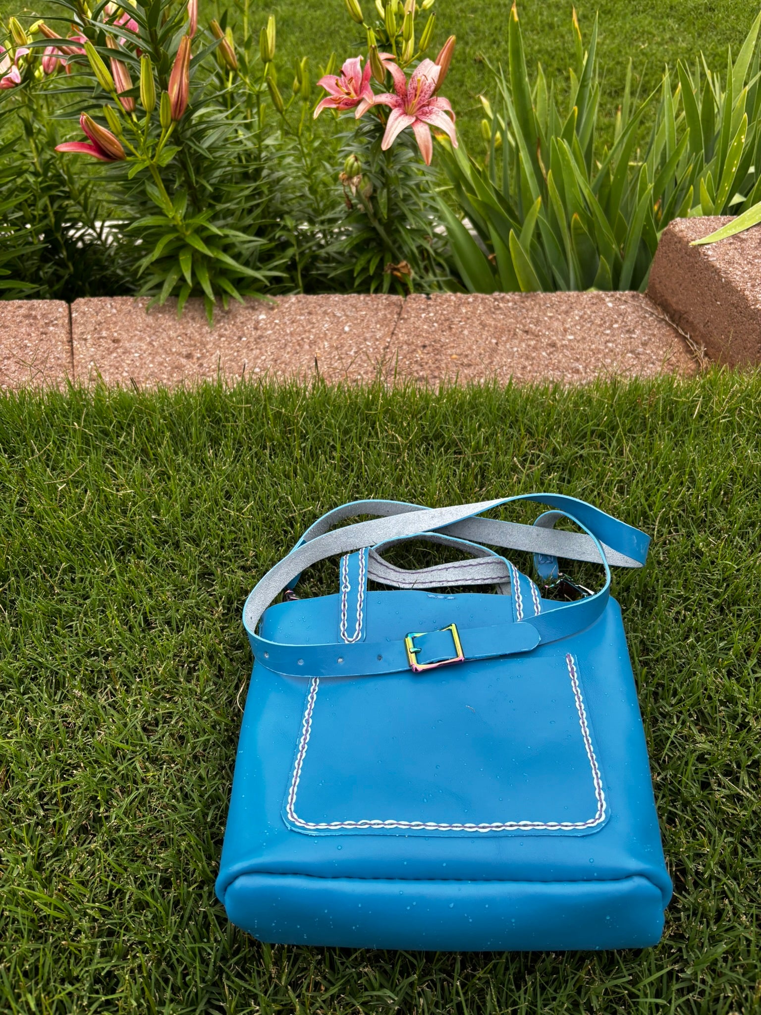 Limited Edition Handmade Blue Leather Mini Tote Aqua and Purple Decorative Contrast Stitching with Adjustable and Detachable Crossbody Strap