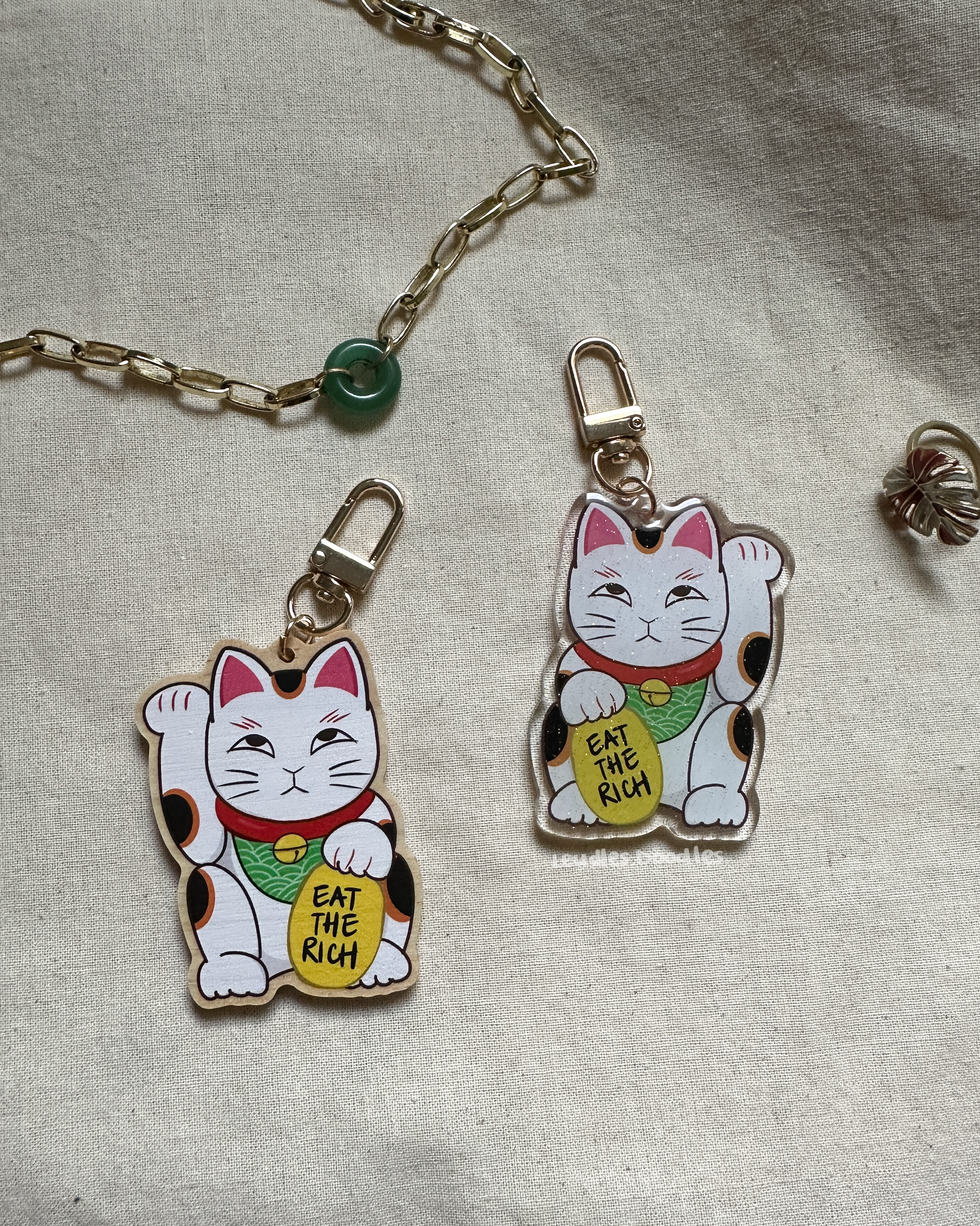 Eat The Rich Lucky Cat Wooden and Acrylic Keychains