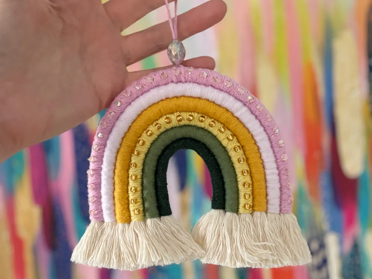 flower-inspired fiber arts hanging rainbow