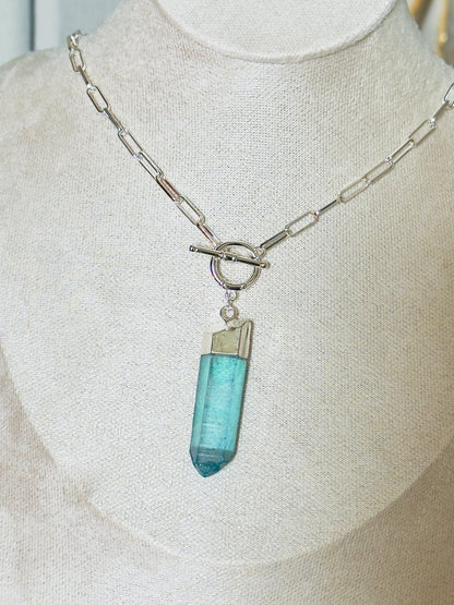 Blue Angel Aura Quartz Pendulum Necklace on Paperclip Chain