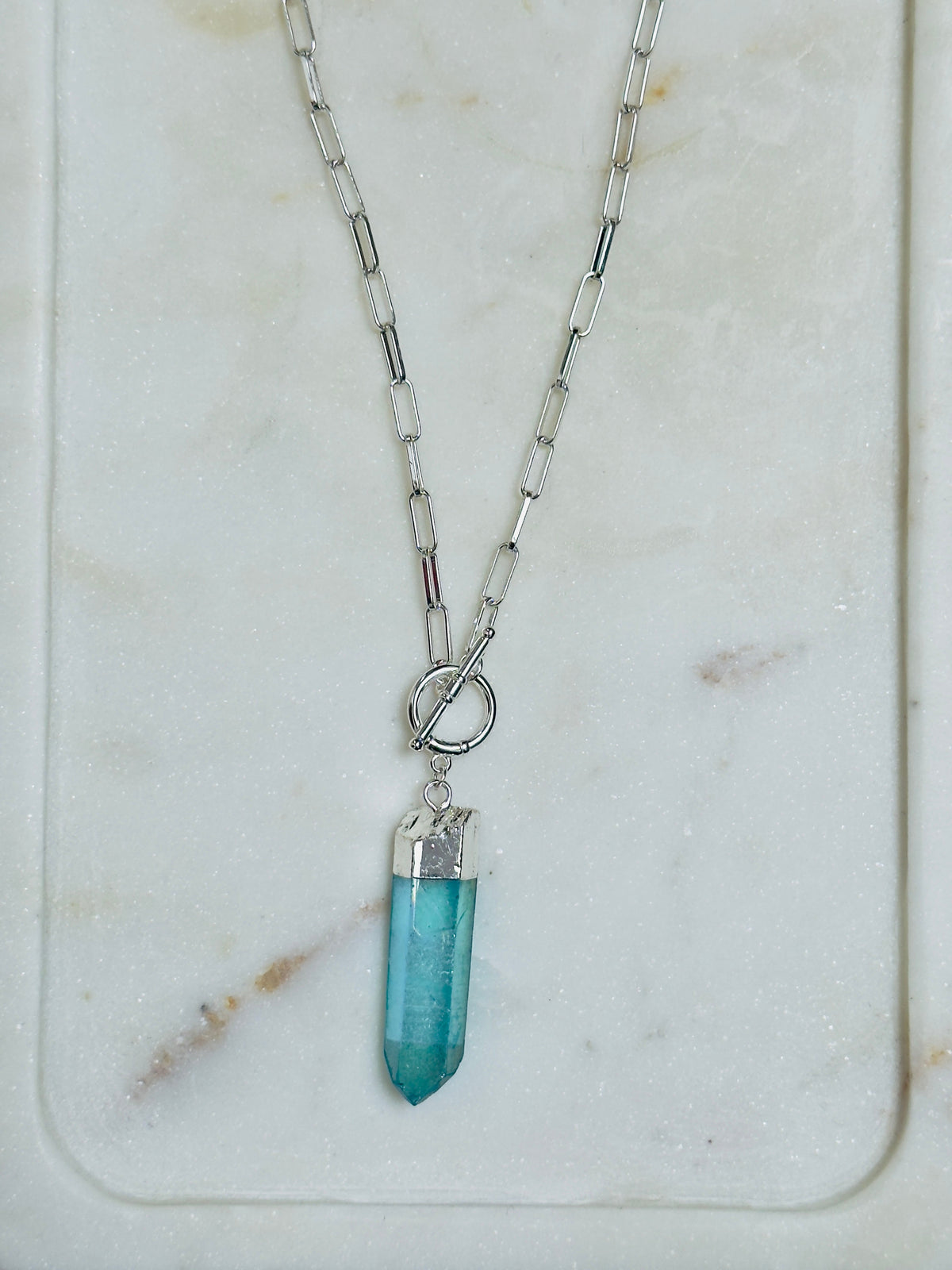 Blue Angel Aura Quartz Pendulum Necklace on Paperclip Chain