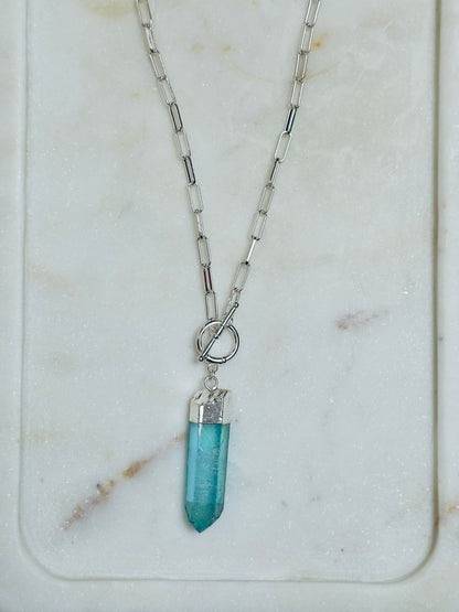 Blue Angel Aura Quartz Pendulum Necklace on Paperclip Chain