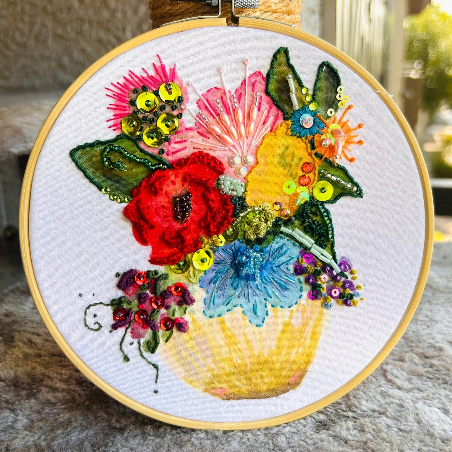 Original Hand Painted &amp;amp; Embroidery: Yellow vase with a bunch of flowers and bling