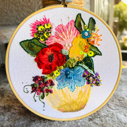 Original Hand Painted &amp;amp; Embroidery: Yellow vase with a bunch of flowers and bling