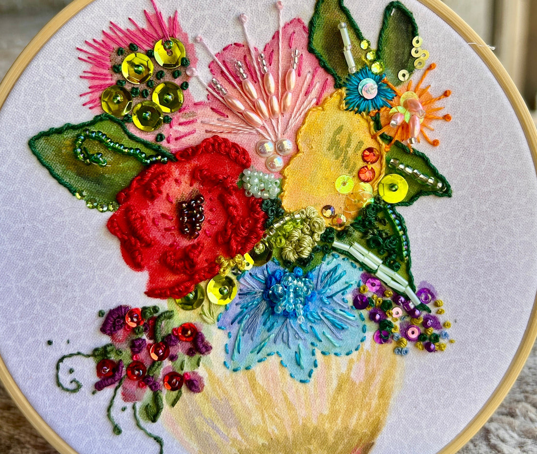 Original Hand Painted &amp;amp; Embroidery: Yellow vase with a bunch of flowers and bling