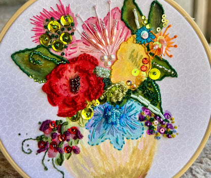Original Hand Painted &amp;amp; Embroidery: Yellow vase with a bunch of flowers and bling