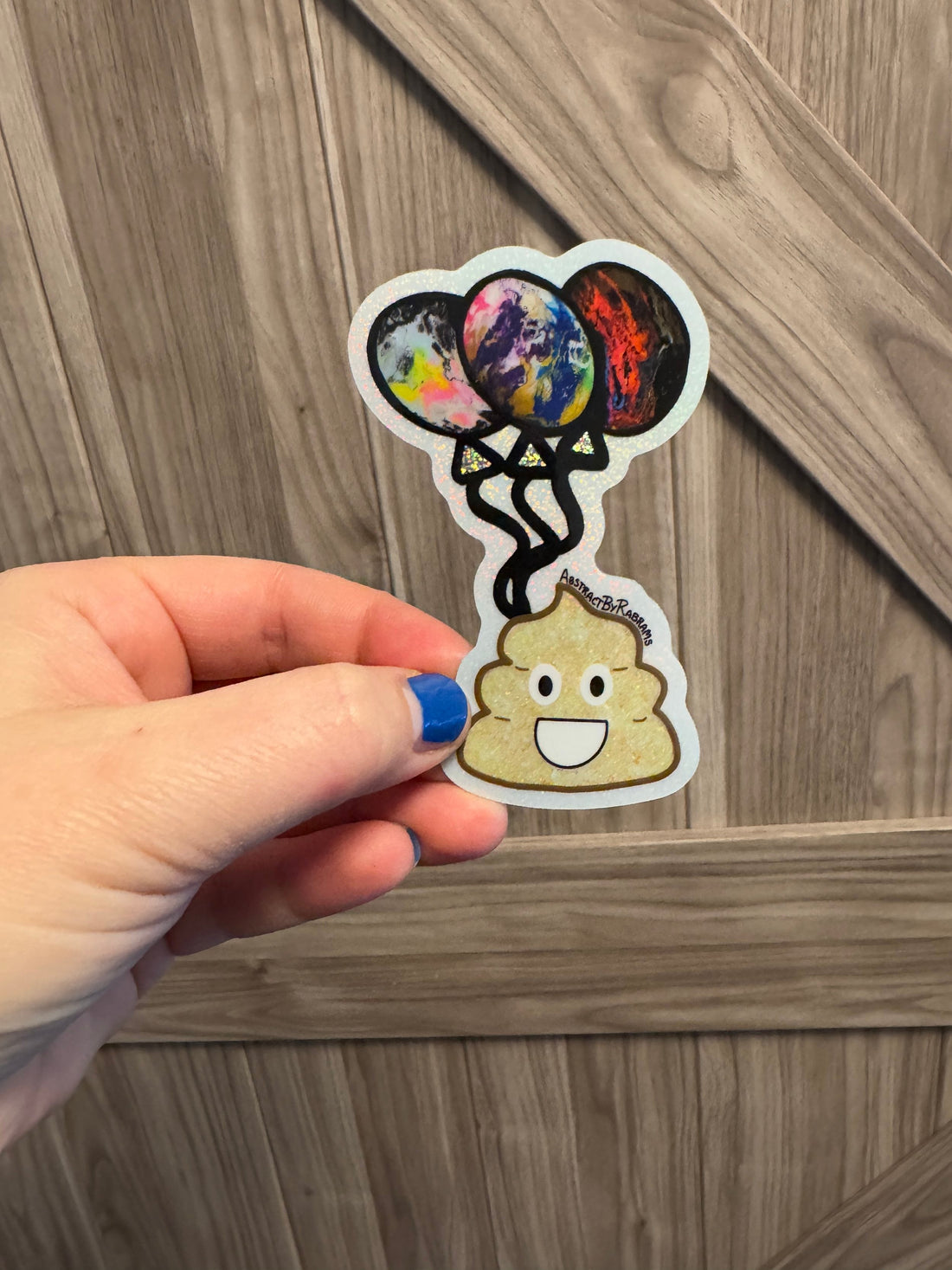Hand Drawn Poop Emoji with Balloons Glittery Sticker - 3.4" x 2.2"