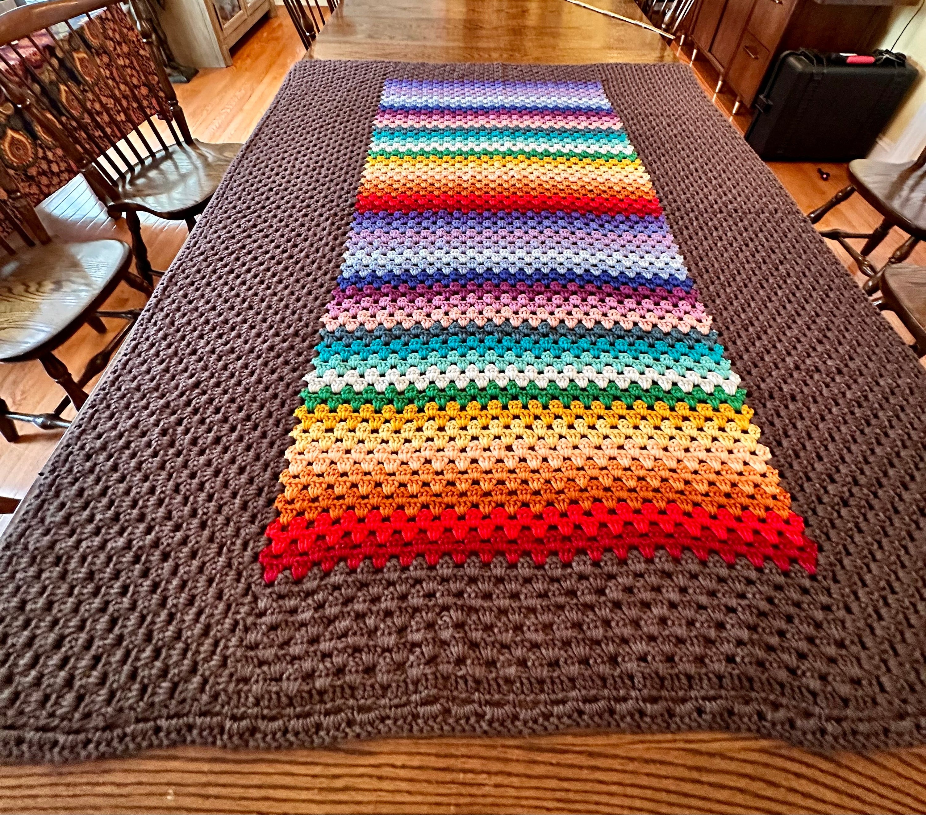 47x63 Handmade Med. Weight Crocheted Afghan | Old World Dutch Traditional Handiwork - Rainbow Folk Stripes | Free Shipping!