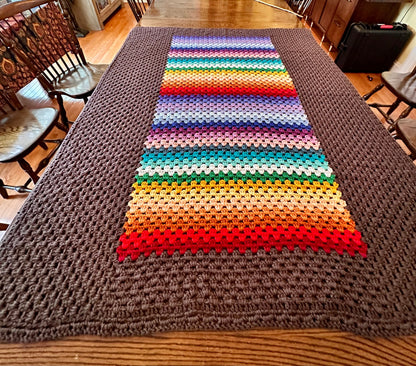 47x63 Handmade Med. Weight Crocheted Afghan | Old World Dutch Traditional Handiwork - Rainbow Folk Stripes | Free Shipping!