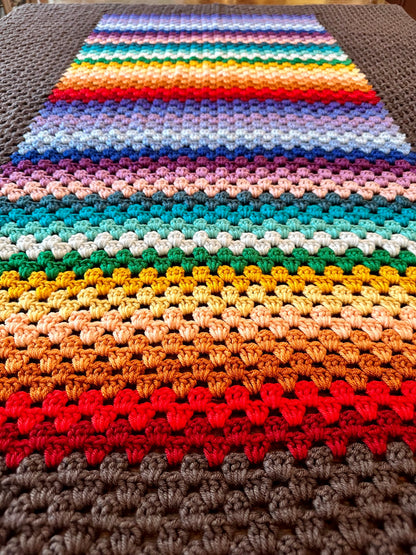 47x63 Handmade Med. Weight Crocheted Afghan | Old World Dutch Traditional Handiwork - Rainbow Folk Stripes | Free Shipping!