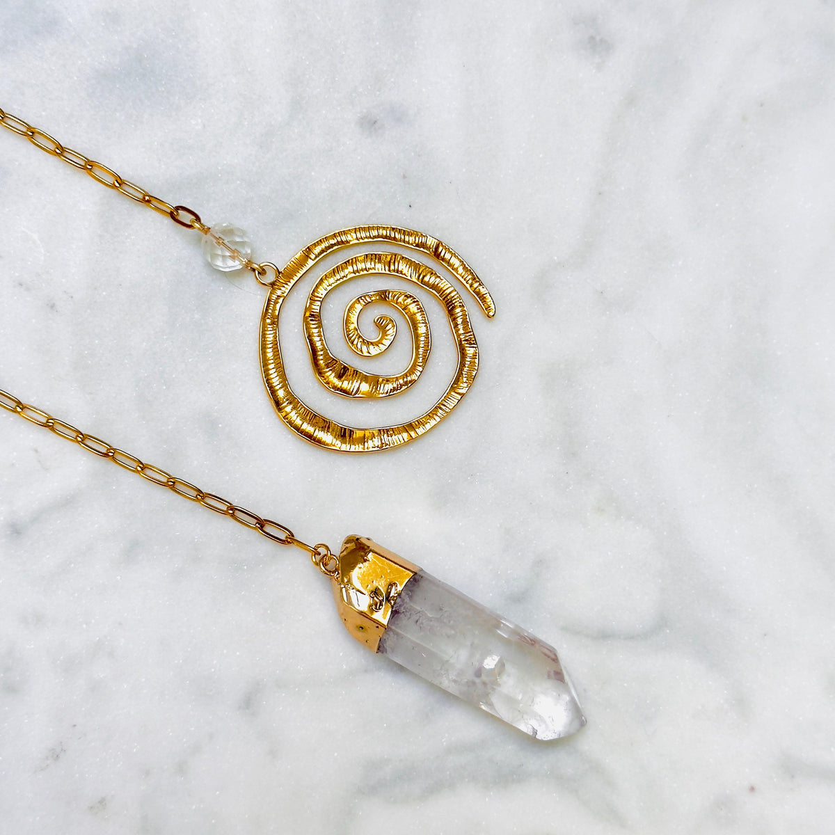Clear Quartz Pendulum with Gold Spiral Charm