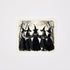 A square sticker with rounded corners featuring a vintage black and white illustration of five girls in witch hats holding a banner that reads &