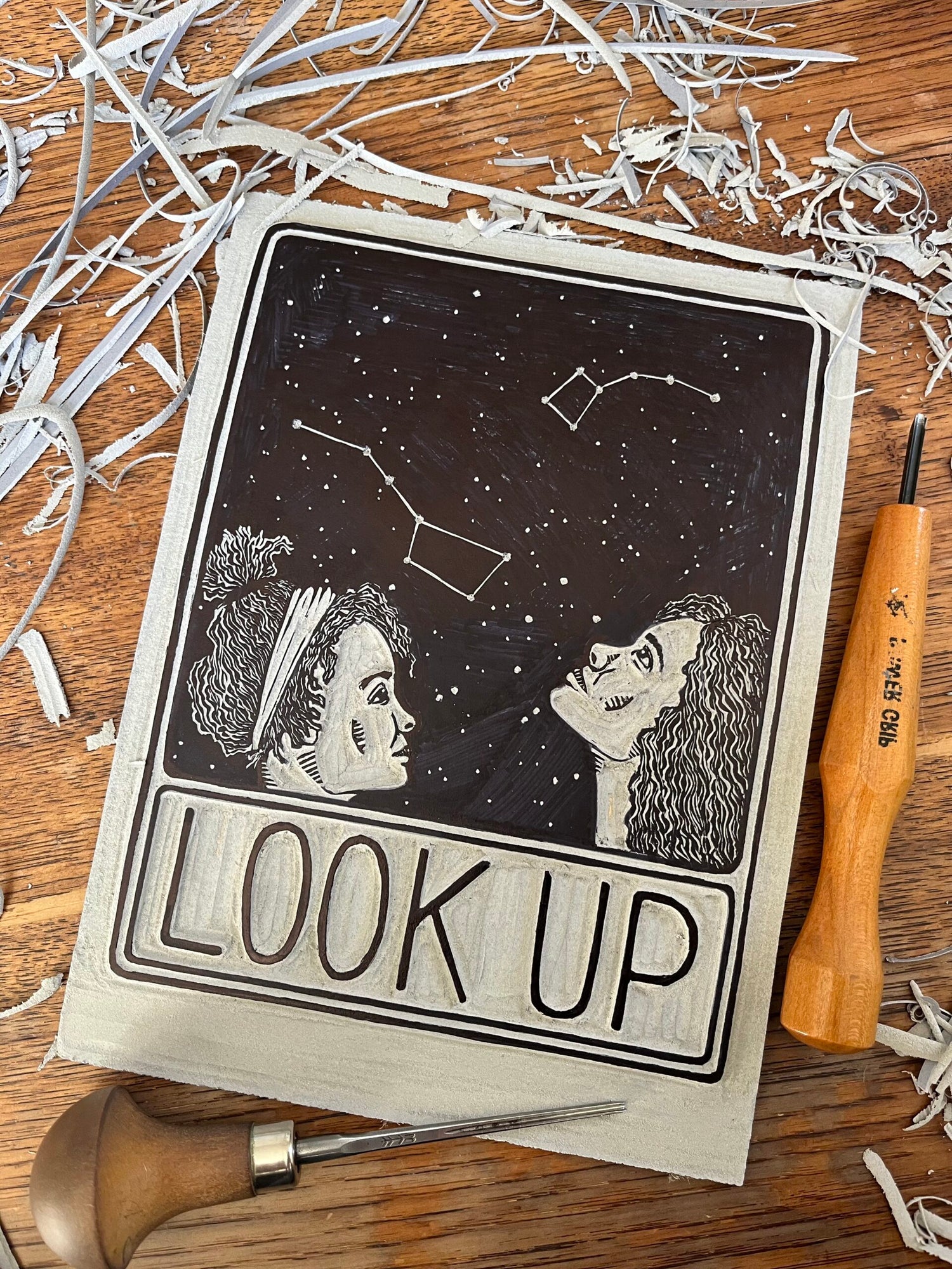 “Big Dipper, Little Dipper” Limited Edition Linocut Print - look up artwork, block print