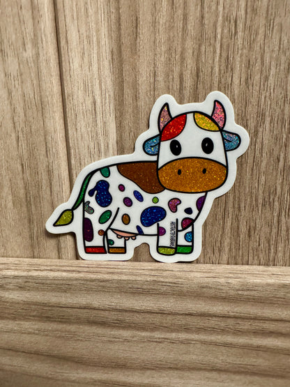 Rainbow Cow Glittery Sticker - Hand Drawn - 3"