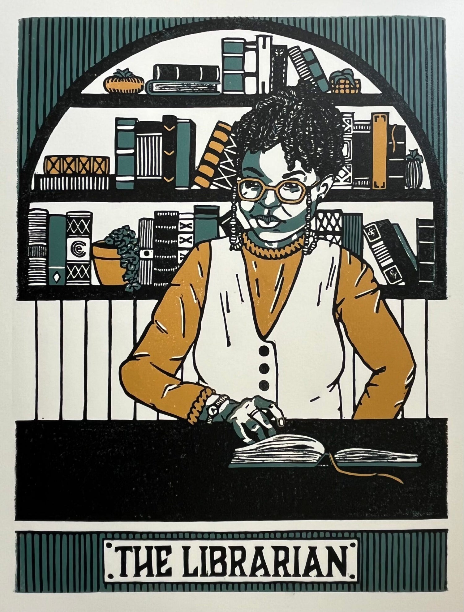 "The Librarian" Original Limited Edition Reduction Linoleum Block Print - Oracle Deck Series