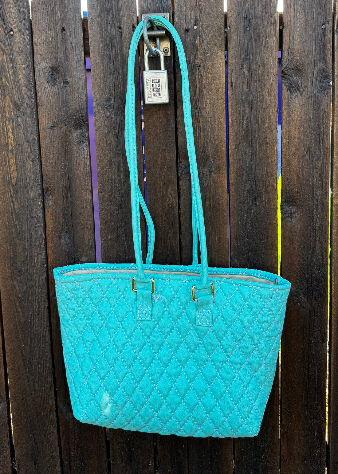 Blue Quilted Leather Tote with Liner, Zipper Pocket, Key Keeper, Gold Plated Hardware, Brass Feet