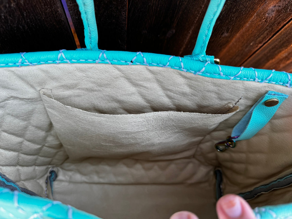 Blue Quilted Leather Tote with Liner, Zipper Pocket, Key Keeper, Gold Plated Hardware, Brass Feet