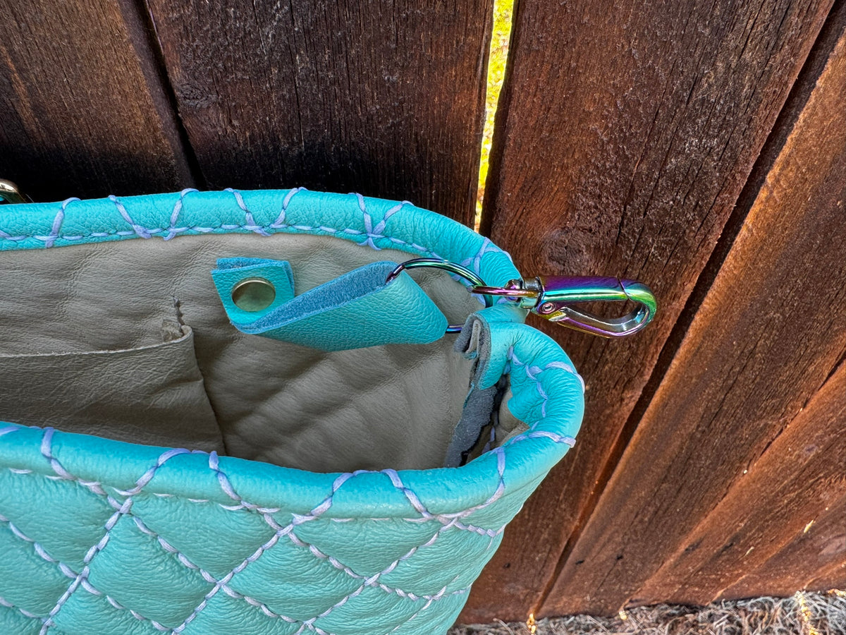 Blue Quilted Leather Tote with Liner, Zipper Pocket, Key Keeper, Gold Plated Hardware, Brass Feet
