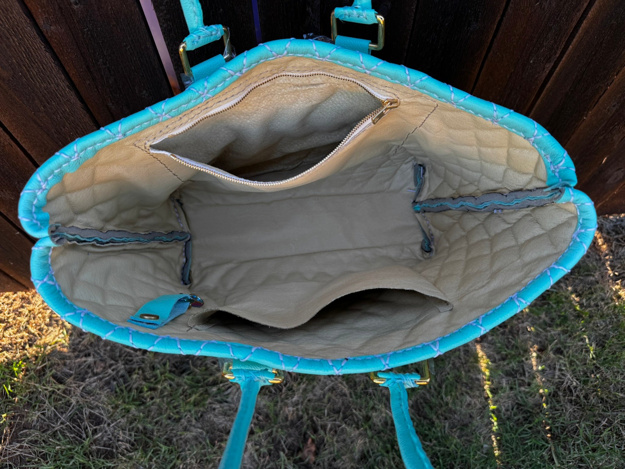 Blue Quilted Leather Tote with Liner, Zipper Pocket, Key Keeper, Gold Plated Hardware, Brass Feet