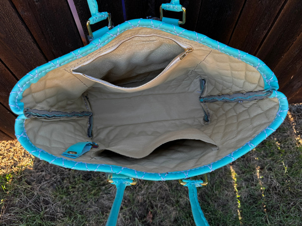 Blue Quilted Leather Tote with Liner, Zipper Pocket, Key Keeper, Gold Plated Hardware, Brass Feet