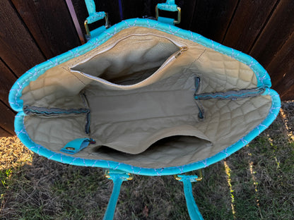 Blue Quilted Leather Tote with Liner, Zipper Pocket, Key Keeper, Gold Plated Hardware, Brass Feet