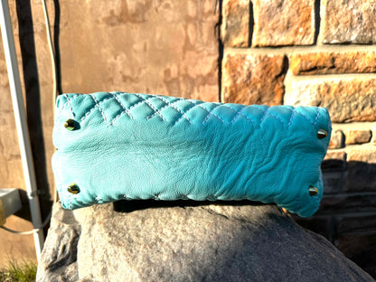 Blue Quilted Leather Tote with Liner, Zipper Pocket, Key Keeper, Gold Plated Hardware, Brass Feet