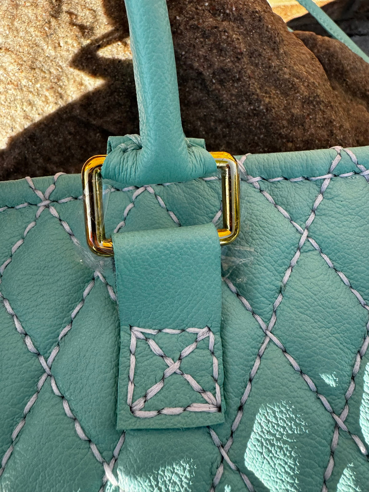Blue Quilted Leather Tote with Liner, Zipper Pocket, Key Keeper, Gold Plated Hardware, Brass Feet