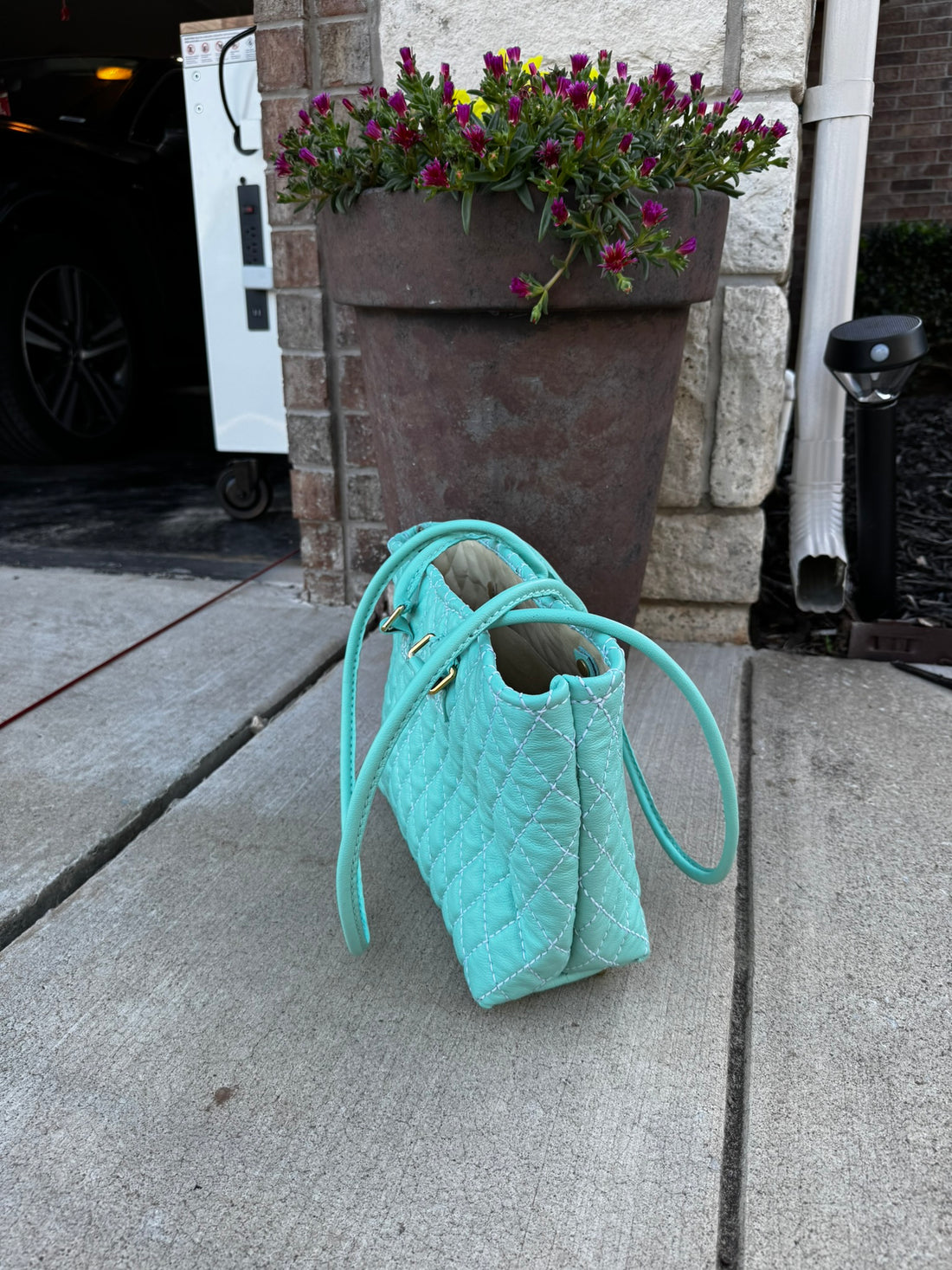 Blue Quilted Leather Tote with Liner, Zipper Pocket, Key Keeper, Gold Plated Hardware, Brass Feet