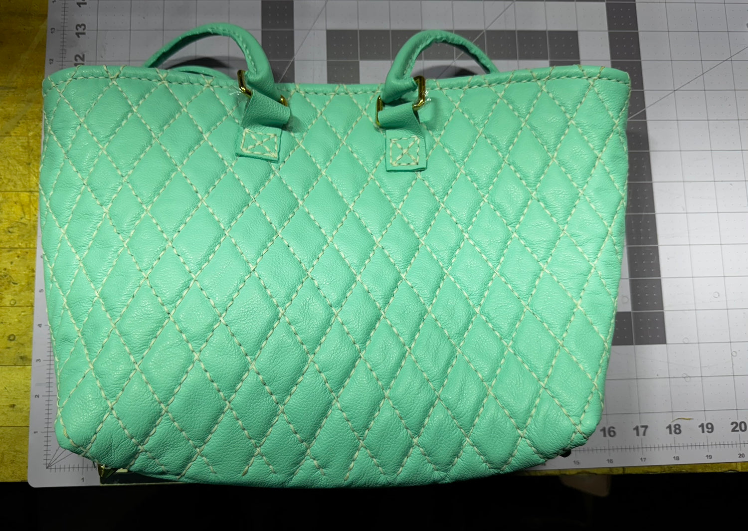 Blue Quilted Leather Tote with Liner, Zipper Pocket, Key Keeper, Gold Plated Hardware, Brass Feet