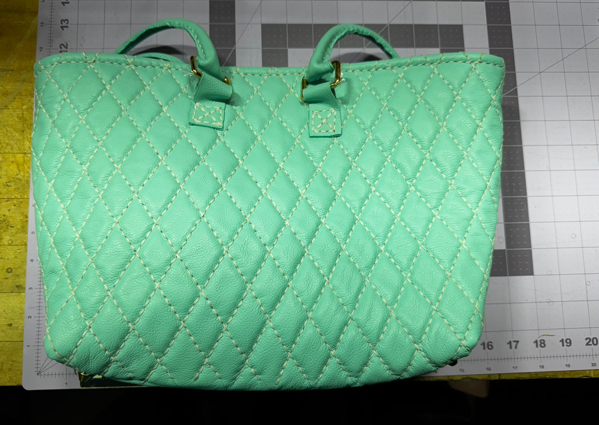 Blue Quilted Leather Tote with Liner, Zipper Pocket, Key Keeper, Gold Plated Hardware, Brass Feet