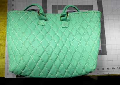 Blue Quilted Leather Tote with Liner, Zipper Pocket, Key Keeper, Gold Plated Hardware, Brass Feet