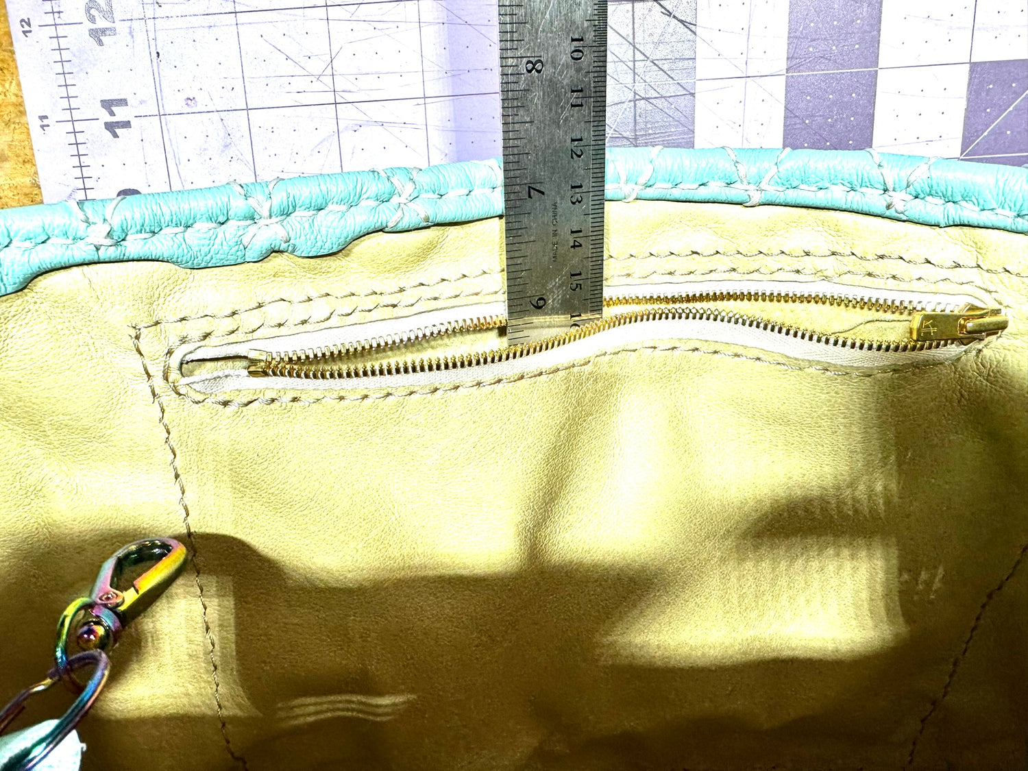 Blue Quilted Leather Tote with Liner, Zipper Pocket, Key Keeper, Gold Plated Hardware, Brass Feet