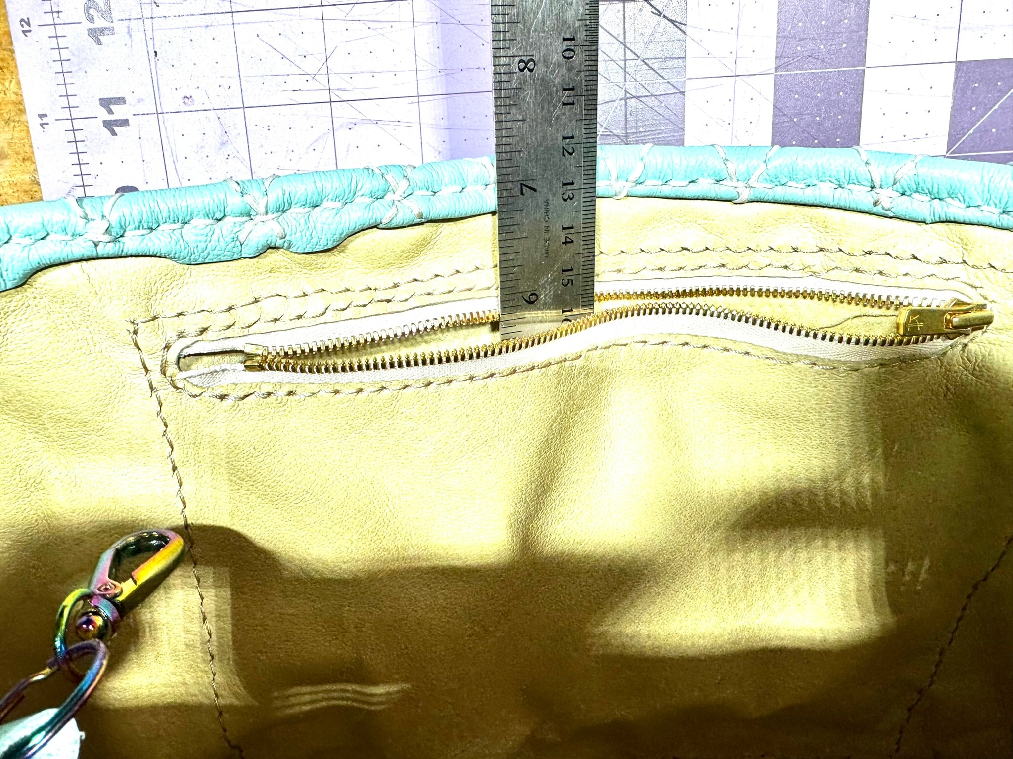 Blue Quilted Leather Tote with Liner, Zipper Pocket, Key Keeper, Gold Plated Hardware, Brass Feet