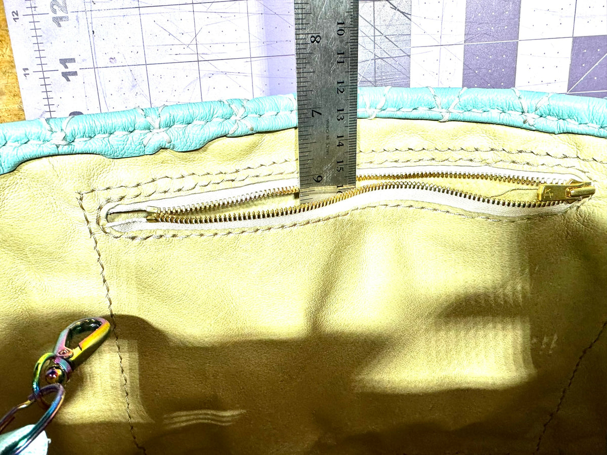 Blue Quilted Leather Tote with Liner, Zipper Pocket, Key Keeper, Gold Plated Hardware, Brass Feet