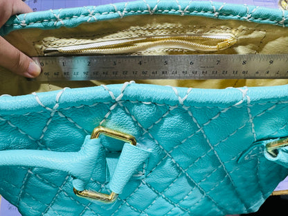 Blue Quilted Leather Tote with Liner, Zipper Pocket, Key Keeper, Gold Plated Hardware, Brass Feet