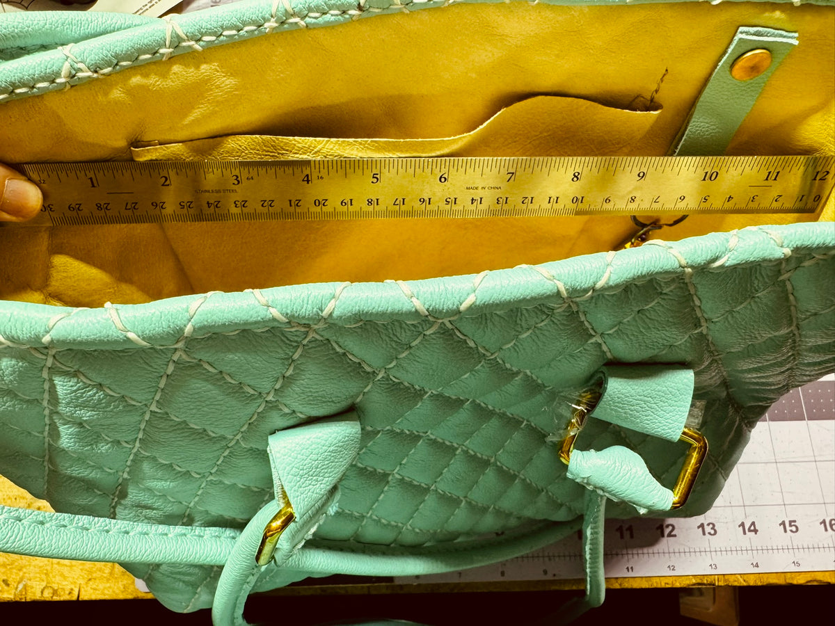 Blue Quilted Leather Tote with Liner, Zipper Pocket, Key Keeper, Gold Plated Hardware, Brass Feet