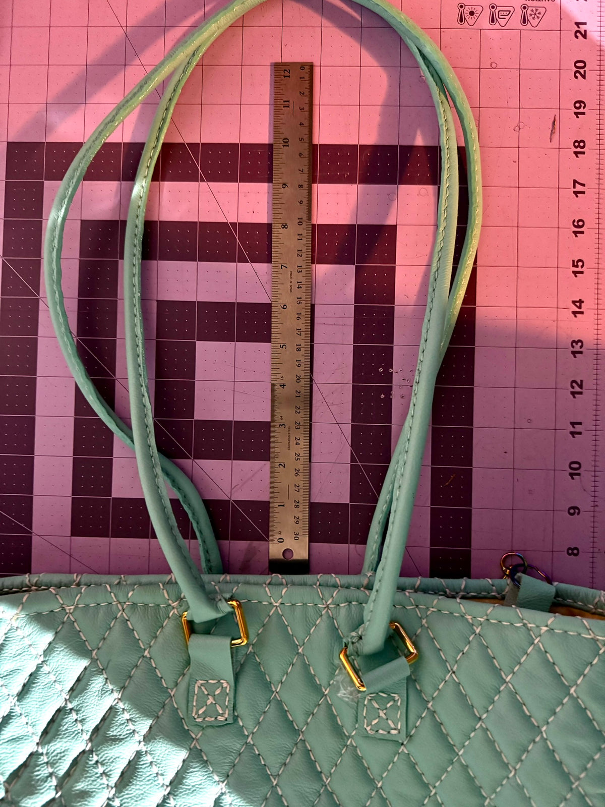 Blue Quilted Leather Tote with Liner, Zipper Pocket, Key Keeper, Gold Plated Hardware, Brass Feet