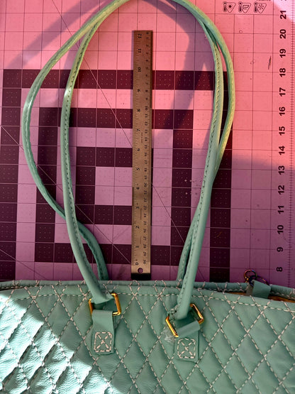 Blue Quilted Leather Tote with Liner, Zipper Pocket, Key Keeper, Gold Plated Hardware, Brass Feet