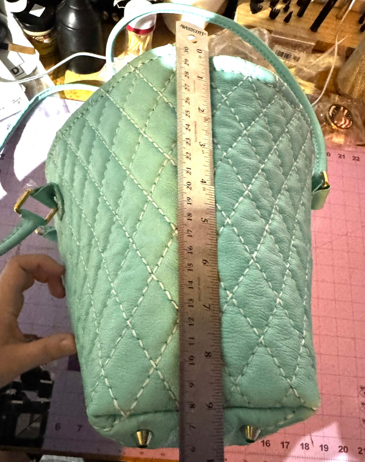Blue Quilted Leather Tote with Liner, Zipper Pocket, Key Keeper, Gold Plated Hardware, Brass Feet